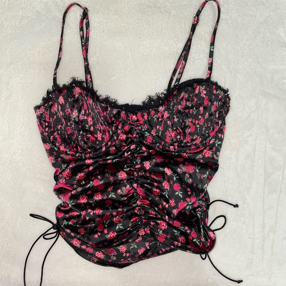 For Love And Lemons Black and Pink Floral Corset Top